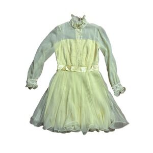 Miss Elliette Makoff SLC Women's S |‎ M Yellow Vintage Chiffon Pleated LS Dress
